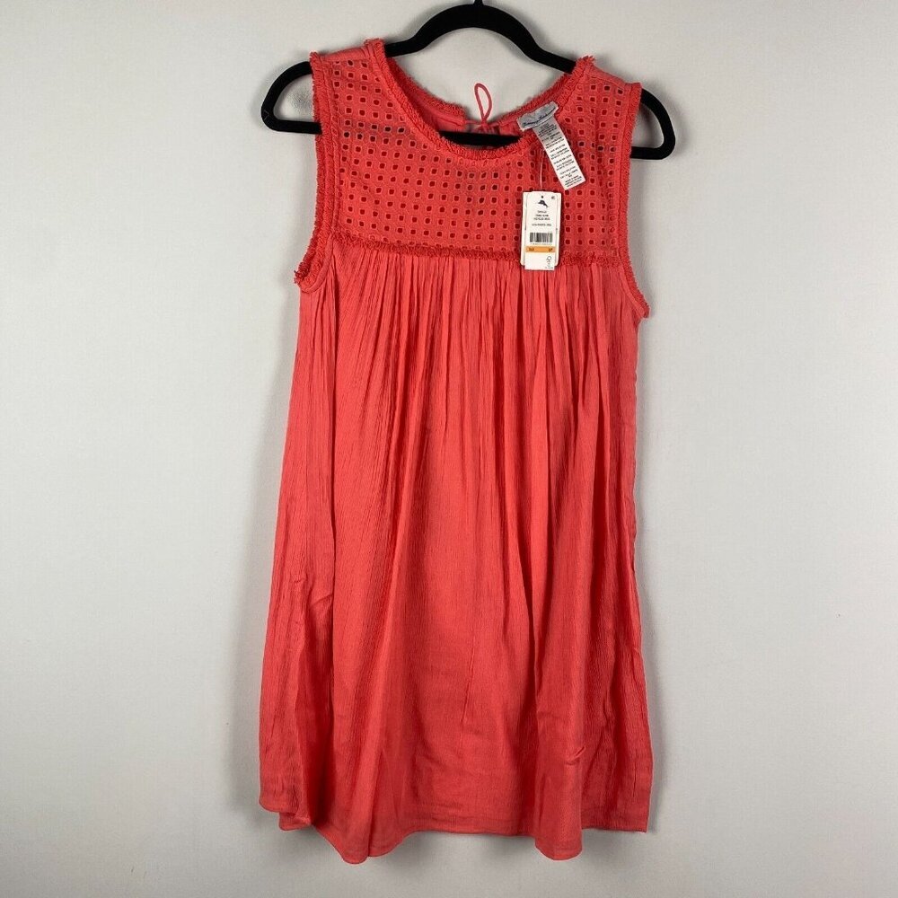 Tommy Bahama Sleeveless Dress Size Small Coral Raw Edge Tassel Crinkle Rayon - Picture 1 of 10